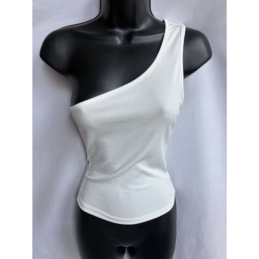 White One Shoulder Ribbed Asymmetrical Tank Size S Basics Minimalist Essential